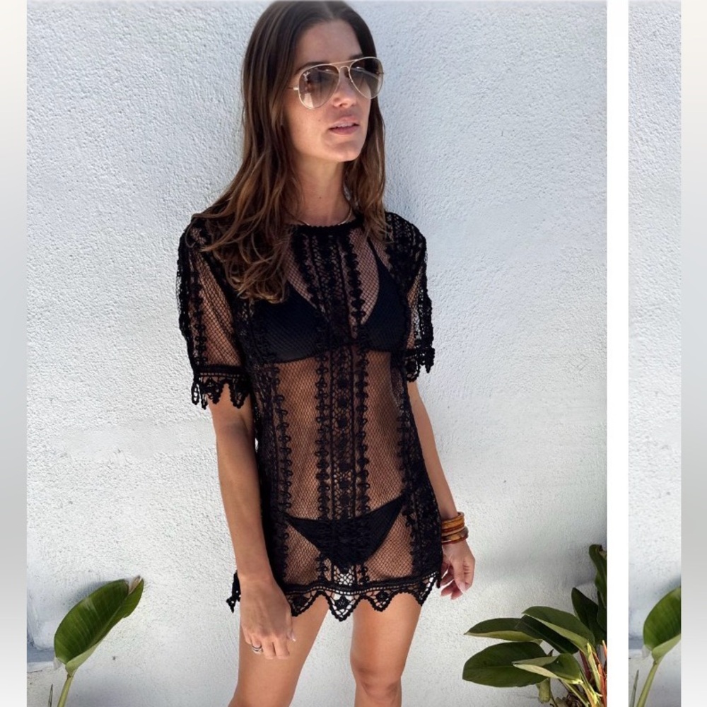 Sheer Black Crochet Swim Coverup - Lightweight Beach Tunic